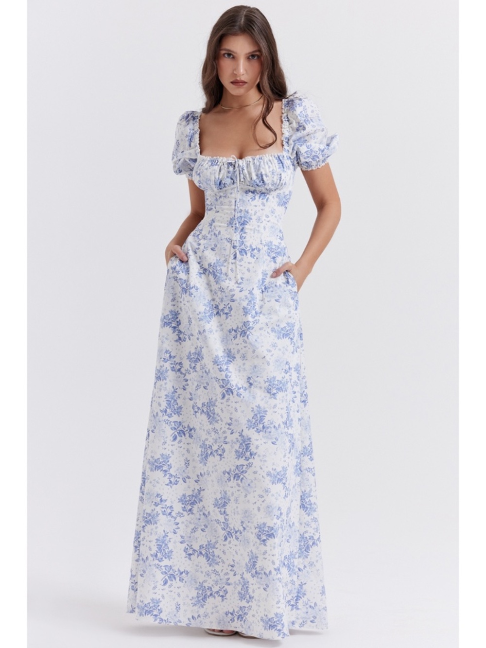 NEW House of CB Felizia Dress Blue Print + White Large